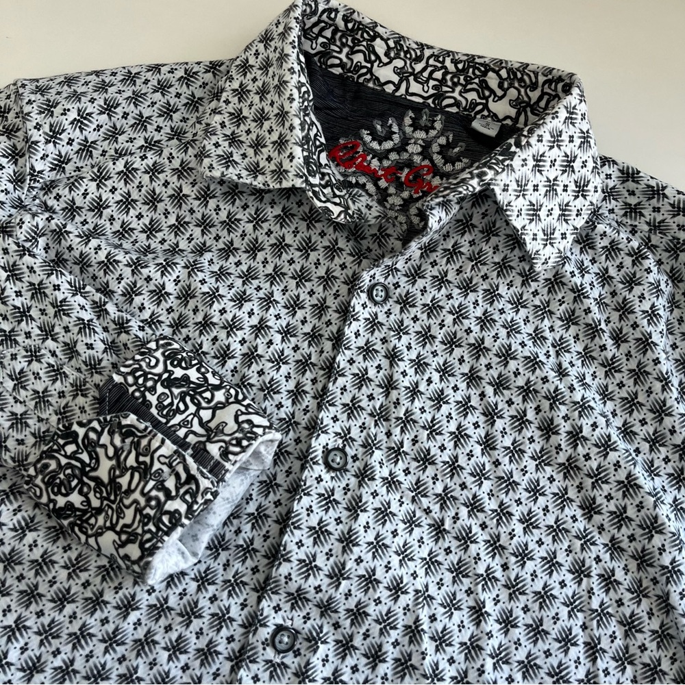 Robert Graham Mens Black White Geometric Flip Cuff Long Sleeve Button Down small